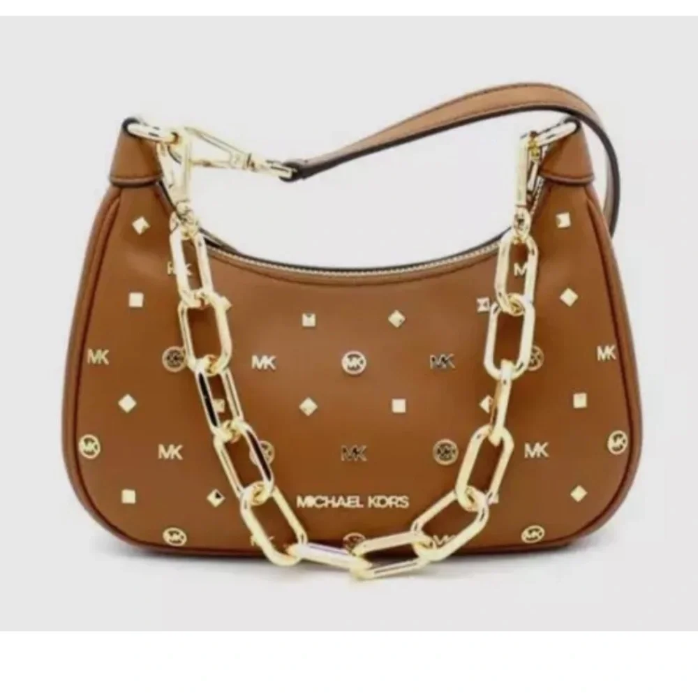 New Michael Kors Cora Shoulder Bag Medium Zip Pouchette Luggage with Studs